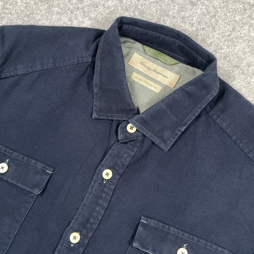 Tommy Bahama Mens Button Front Shirt Navy Blue Island Modern Fit Cotton